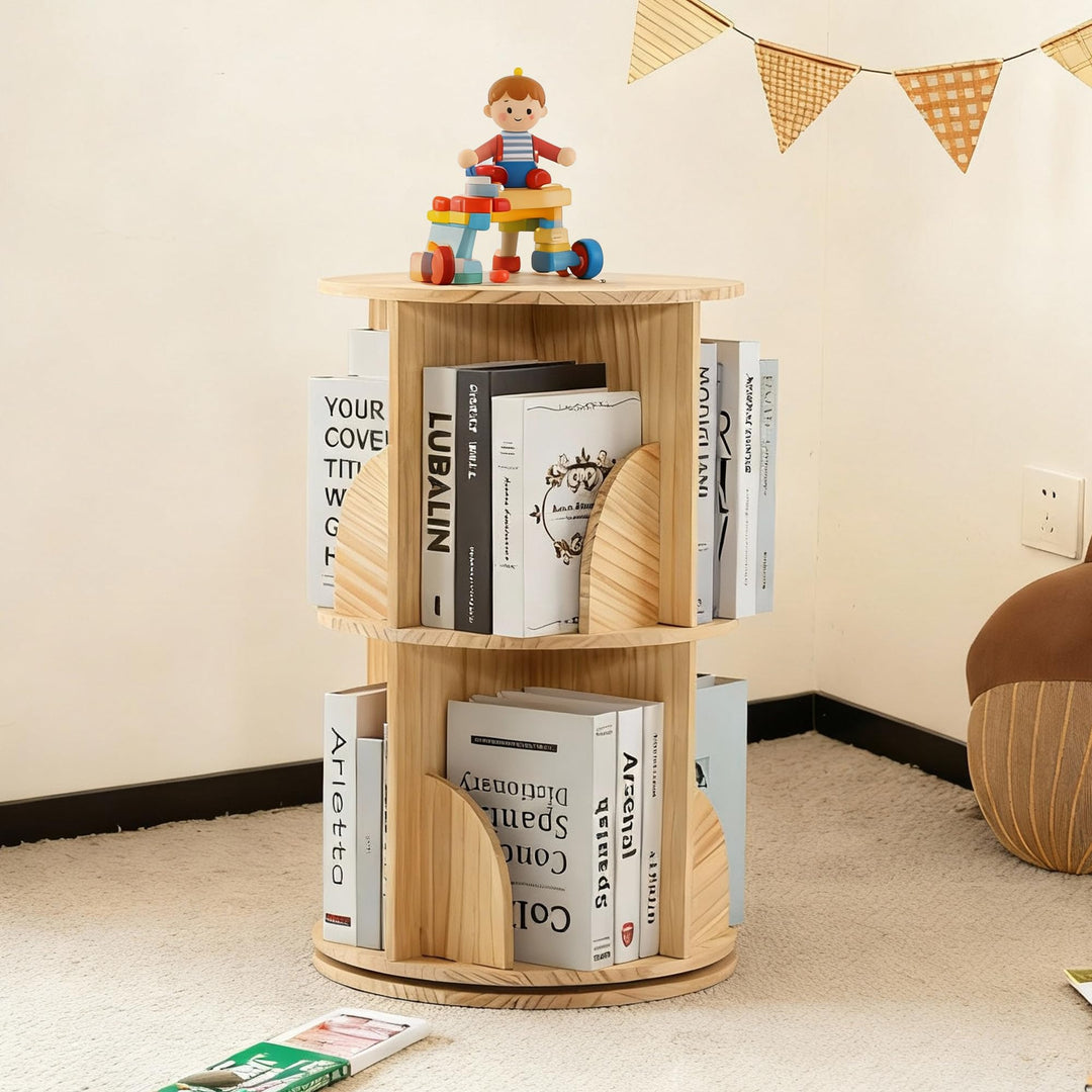 Mingone Bücherregal Kinder 360° Drehbar, 2-Ebenen Drehregal aus Massivholz, Standregal & Schreibtisc