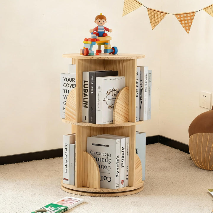 Mingone Bücherregal Kinder 360° Drehbar, 2-Ebenen Drehregal aus Massivholz, Standregal & Schreibtisc