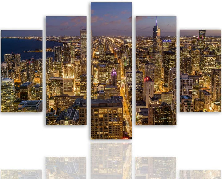 Feeby Leinwandbild 5 Teilig Chicago Bild Wanddeko City Stadt Landschaft orange 150x100 cm Leinwandbi