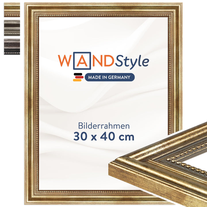 WANDStyle Bilderrahmen Antik 30x40cm I Farbe: Gold I Holzbilderrahmen I Fotorahmen I Goldener Barock