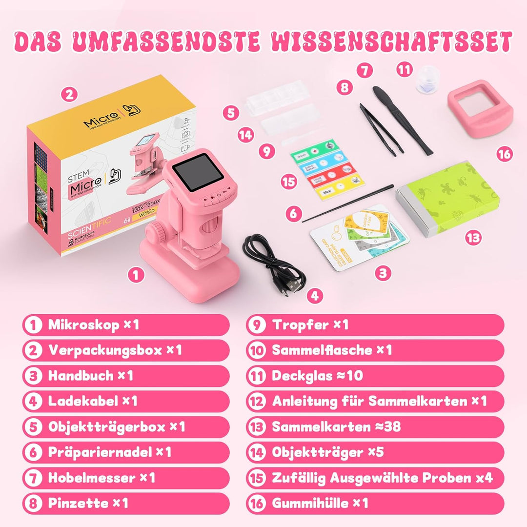 Digitales Mikroskop für Kinder, Experimente für Kinder ab 5 6 7 8 9 10 Kindermikroskop 2.0" HD Spiel