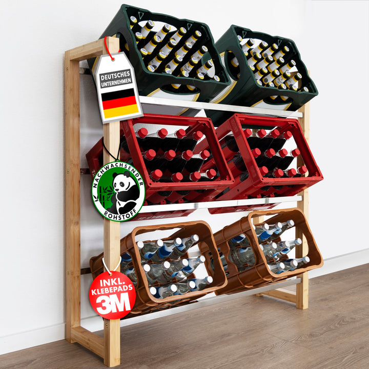 Floordirekt Getränkekistenregal für 3-6 Kisten aus Bambus & Stahl, stabiles und robustes Weinregal,