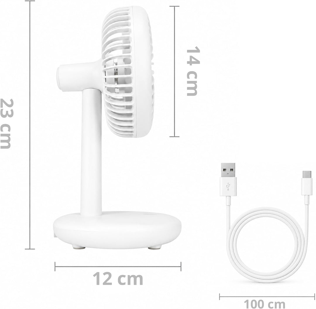 Tischventilator sehr leise - 7-Flügel USB Ventilator Akku 2000 mAh, Ø 14cm, 4 Modi, Naturwind, Bürst