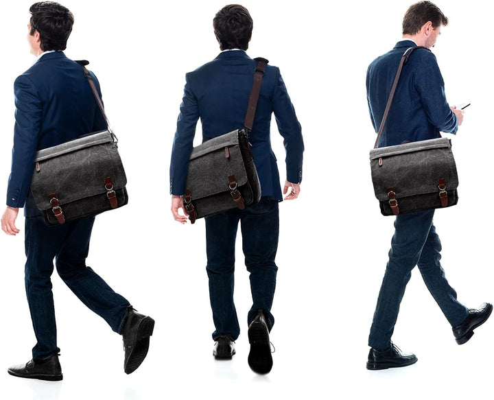 CALIYO Umhängetaschen Herren aus Canvas Schultasche Queformat A4 Laptoptasche für 15,6 Zoll Laptop A
