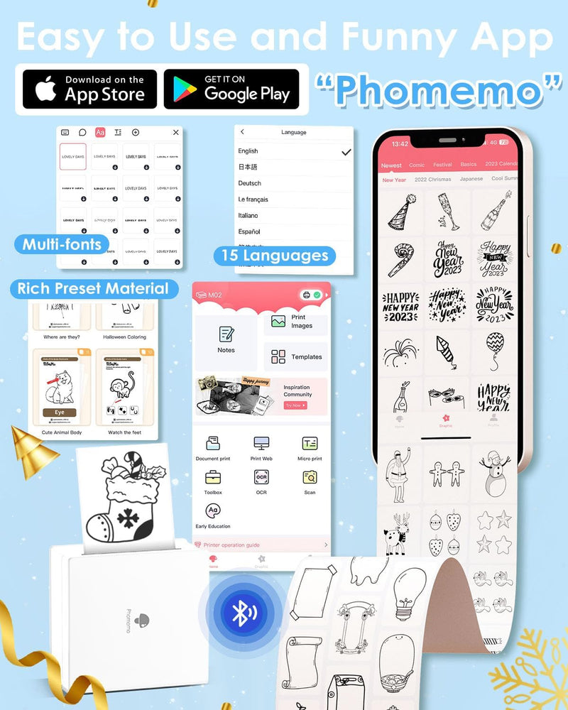 Phomemo M02 Taschendrucker, Mini Thermodrucker für Handy mit 3 Papierrollen, Bluetooth Sticker Druck