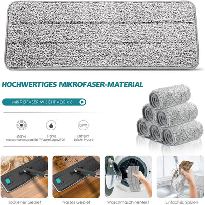 Myiosus Wischmopp Set mit Eimer, Bodenwischer mit Auswringfunktion, 6 Mikrofaser Mehrweg Wischpads E