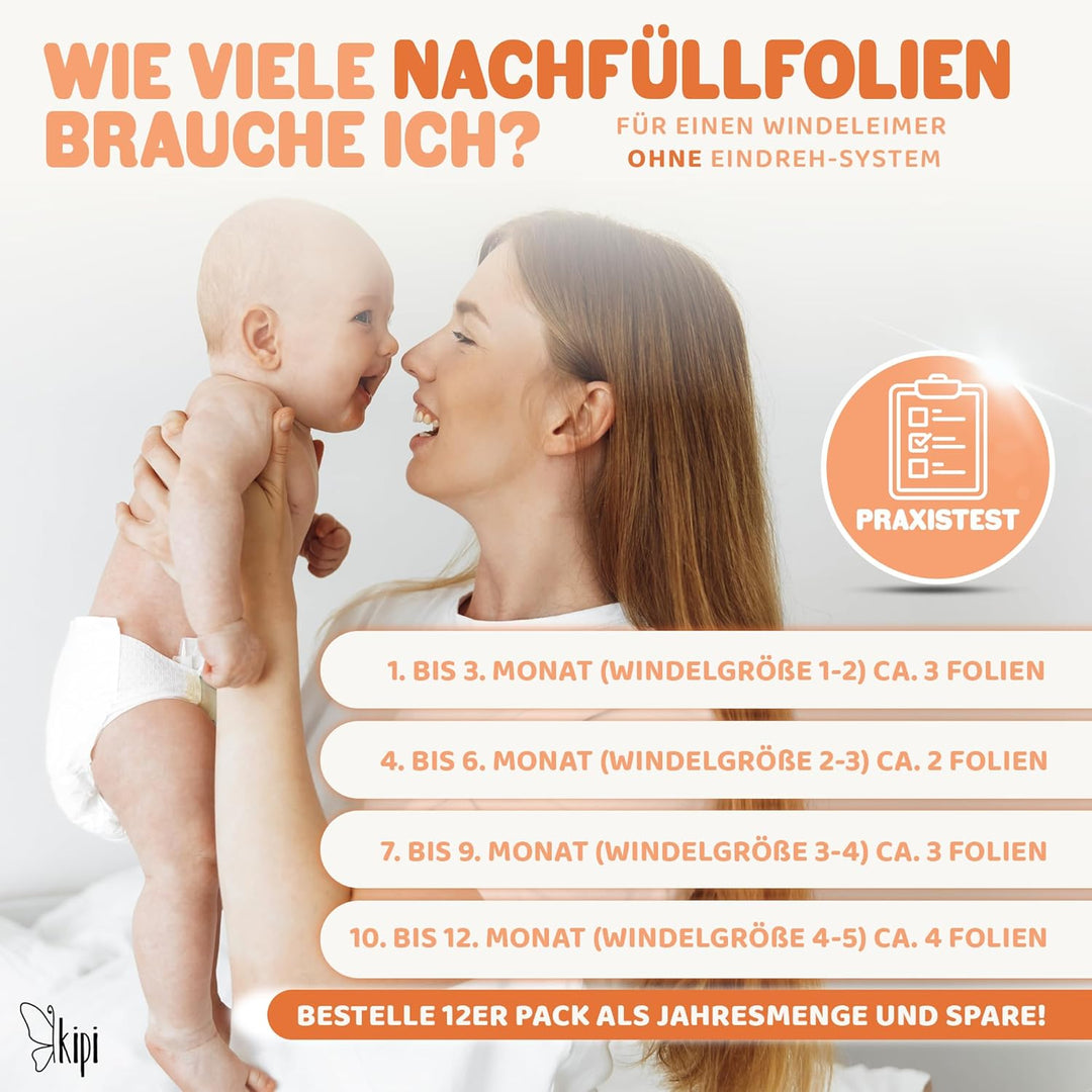 Kipi XXL Nachfüllfolie für Windeleimer - 12 Stück, Passend für Runde und Achteckige Nachfüllkassette