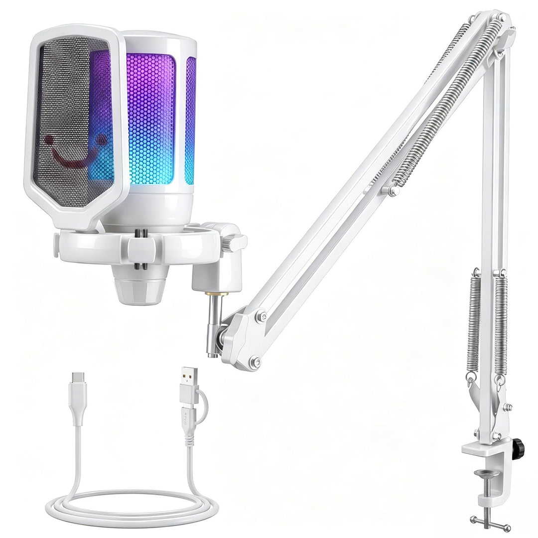 FIFINE USB Mikrofon PC Gaming mit Arm, Typ A/C Microphone Weiss für MAC PS4 PS5 mit Stummschalttaste