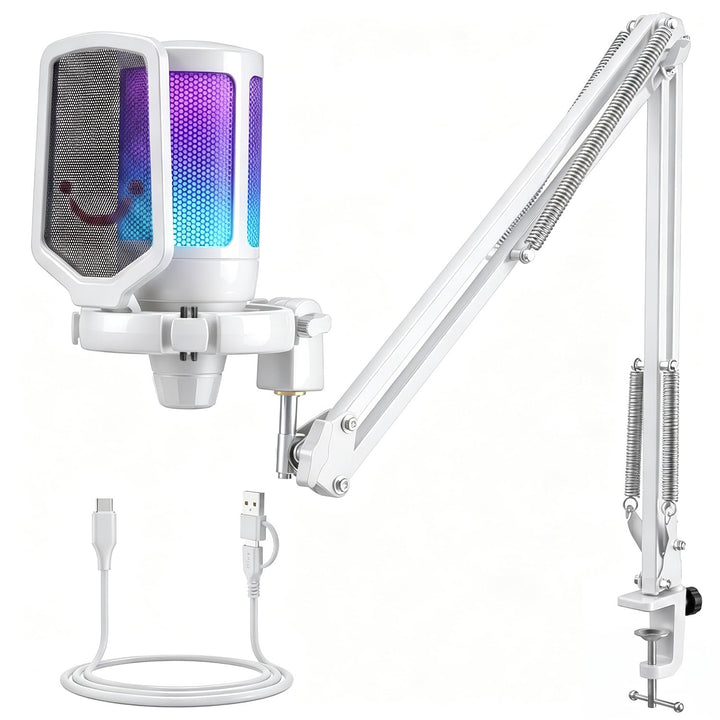 FIFINE USB Mikrofon PC Gaming mit Arm, Typ A/C Microphone Weiss für MAC PS4 PS5 mit Stummschalttaste