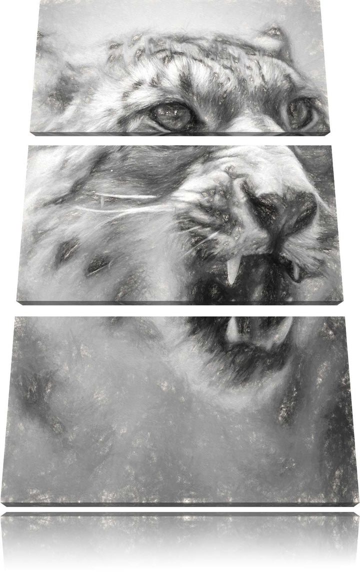 Schneeleopard zeigt Zähne Spezial 3-Teiler Leinwandbild 120x80 Bild auf Leinwand, XXL riesige Bilder