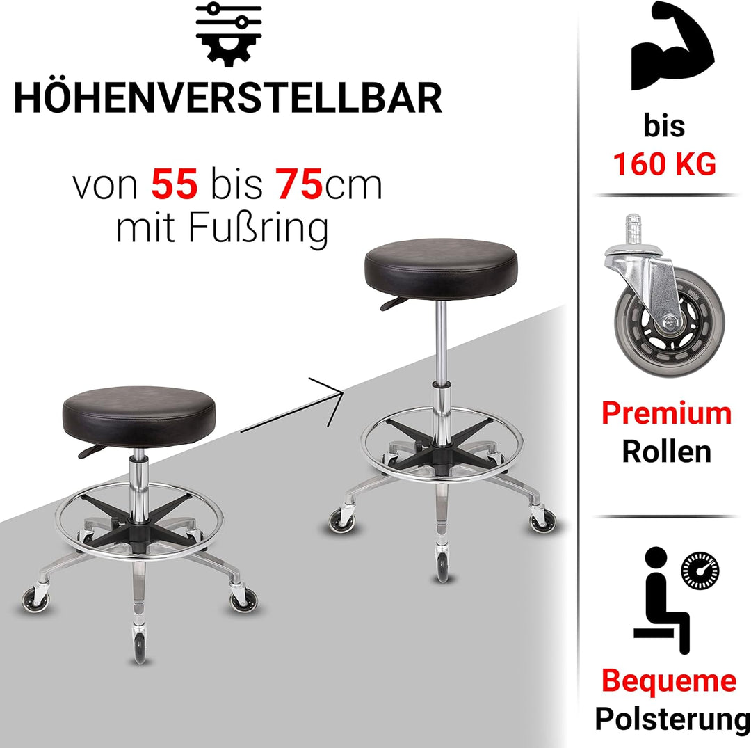 Staboos Rollhocker bis 160 kg - Premium Sitz rund und Fussstütze - Praxishocker mit Rollen und Fusss