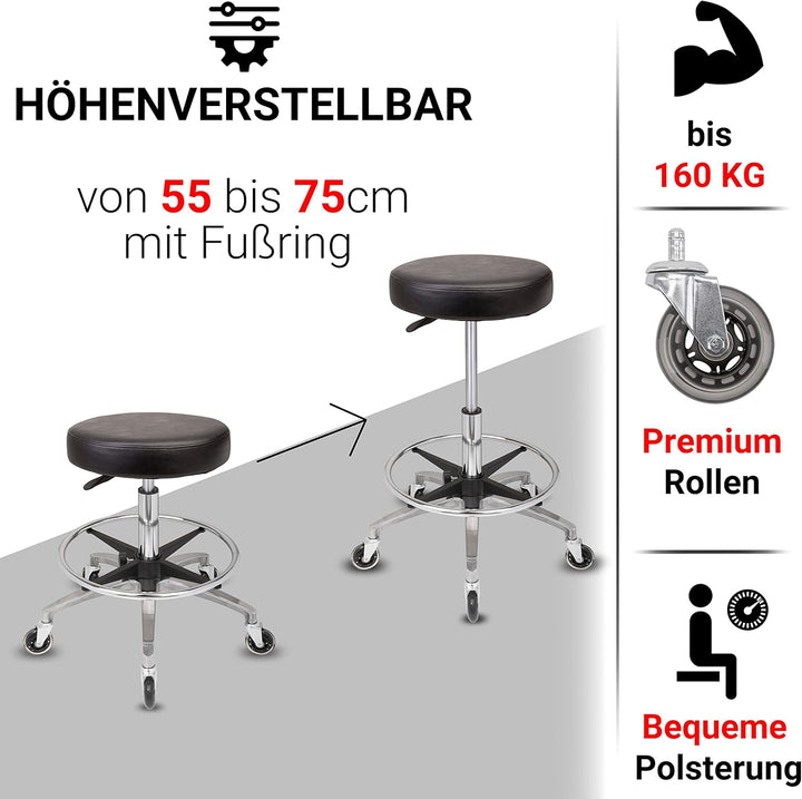 Staboos Rollhocker bis 160 kg - Premium Sitz rund und Fussstütze - Praxishocker mit Rollen und Fusss
