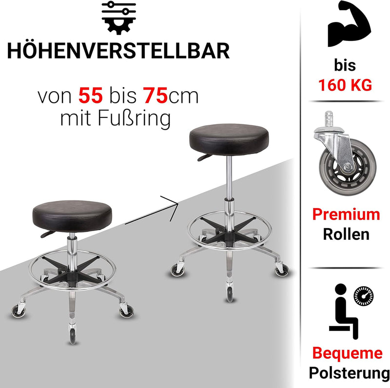 Staboos Rollhocker bis 160 kg - Premium Sitz rund und Fussstütze - Praxishocker mit Rollen und Fusss