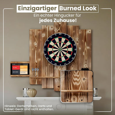 Wooden Dartboard Surround | Premium Dart-Wandschutz & Tablet-Halter (Optional) | Geflammter Burned L