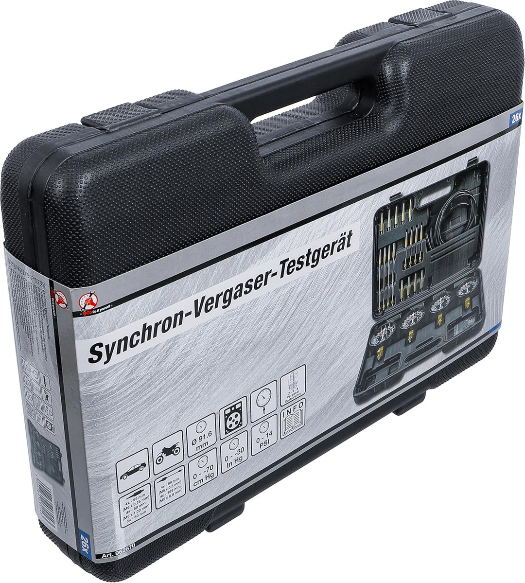 BGS Diy 962670 | Synchron-Vergaser-Testgerät | mit 4 Synchronuhren | 26-tlg.