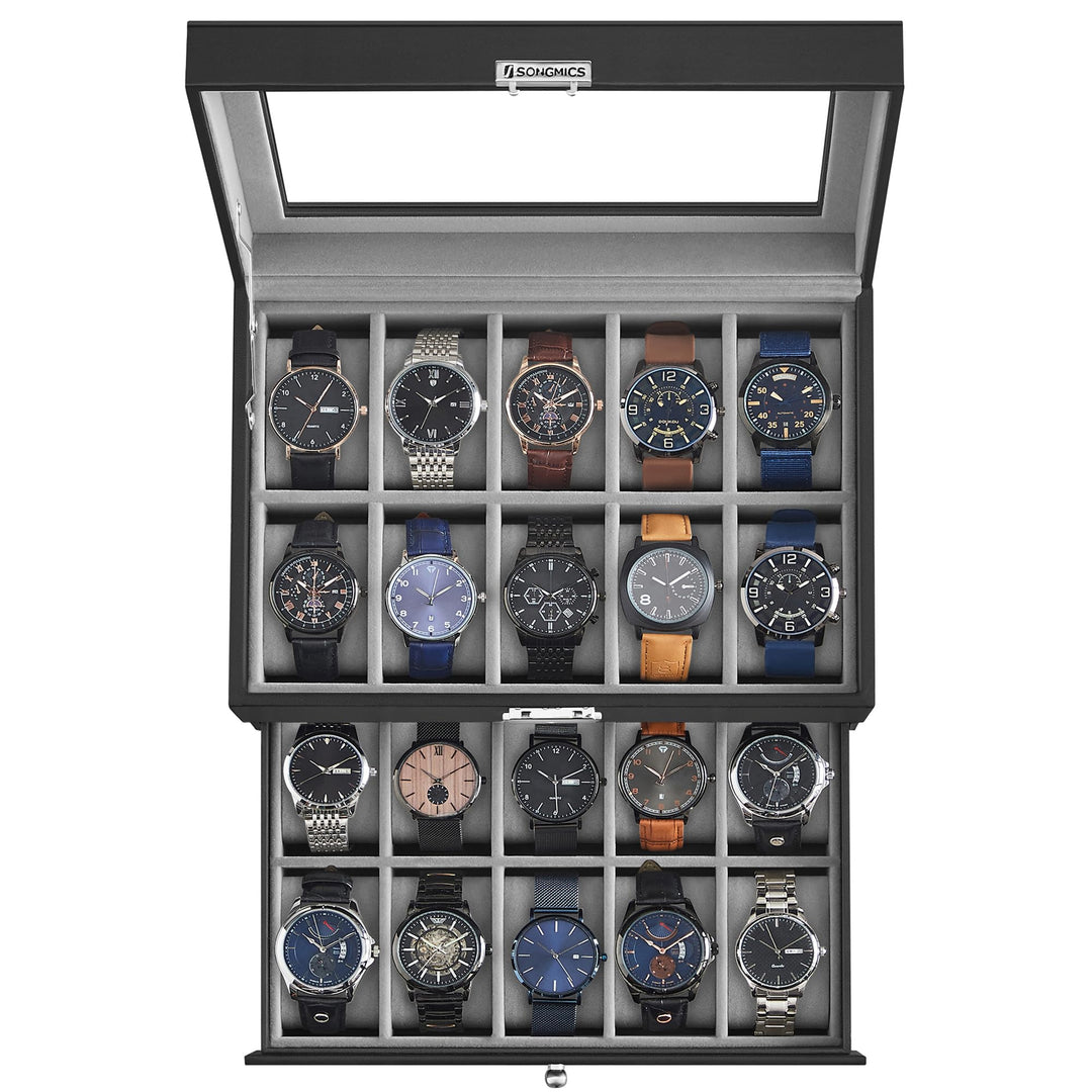 SONGMICS Uhrenbox, Uhrenkasten mit Glasdeckel, 2 Ebenen, Uhrenkoffer mit herausnehmbaren Uhrenkissen
