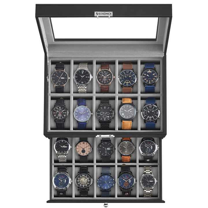 SONGMICS Uhrenbox, Uhrenkasten mit Glasdeckel, 2 Ebenen, Uhrenkoffer mit herausnehmbaren Uhrenkissen