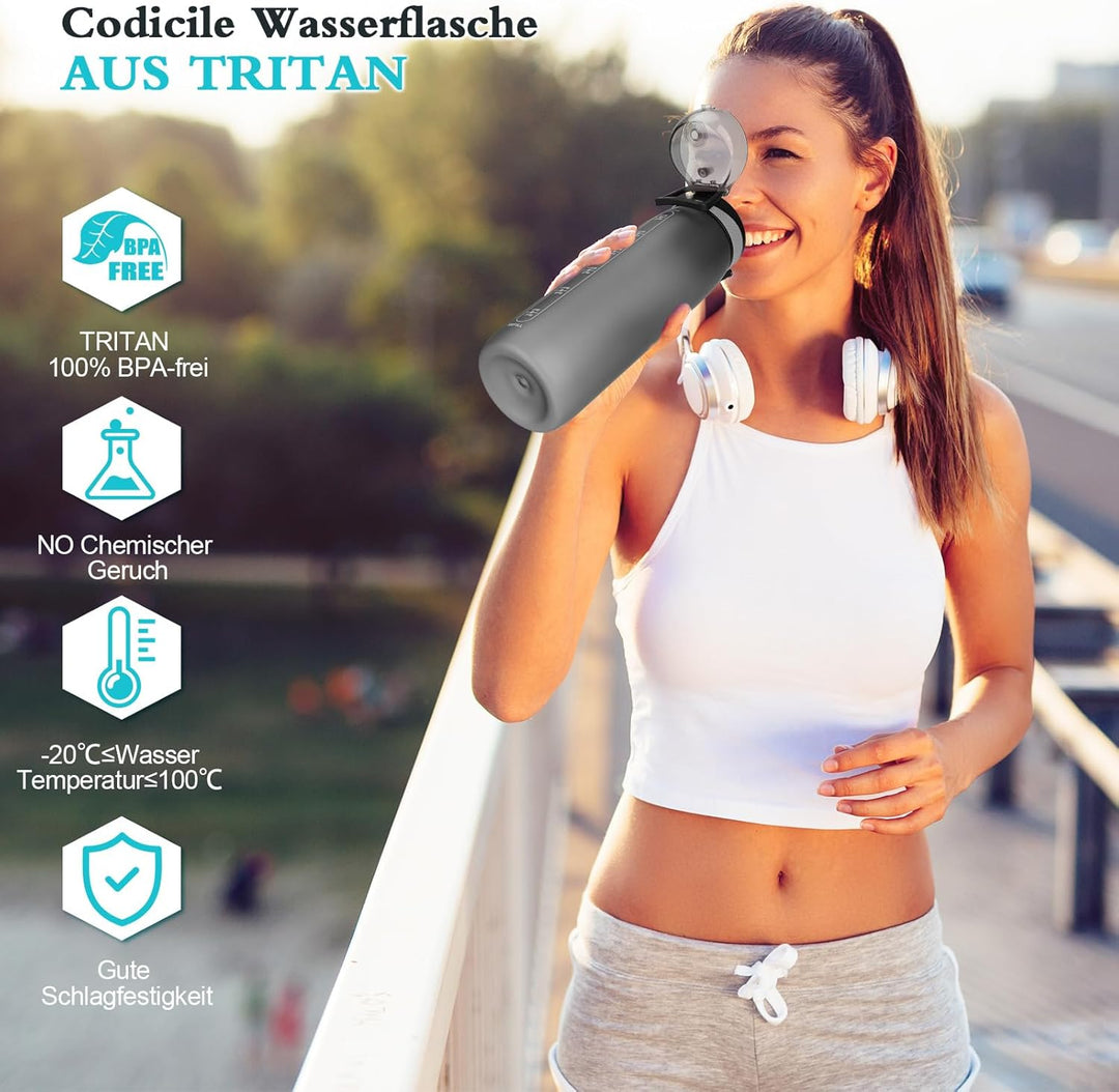 CodiCile Trinkflasche 1L, Wasserflasche 1L BPA-Frei, Auslaufsichere 1 Liter Trinkflasche, Tritan Spo