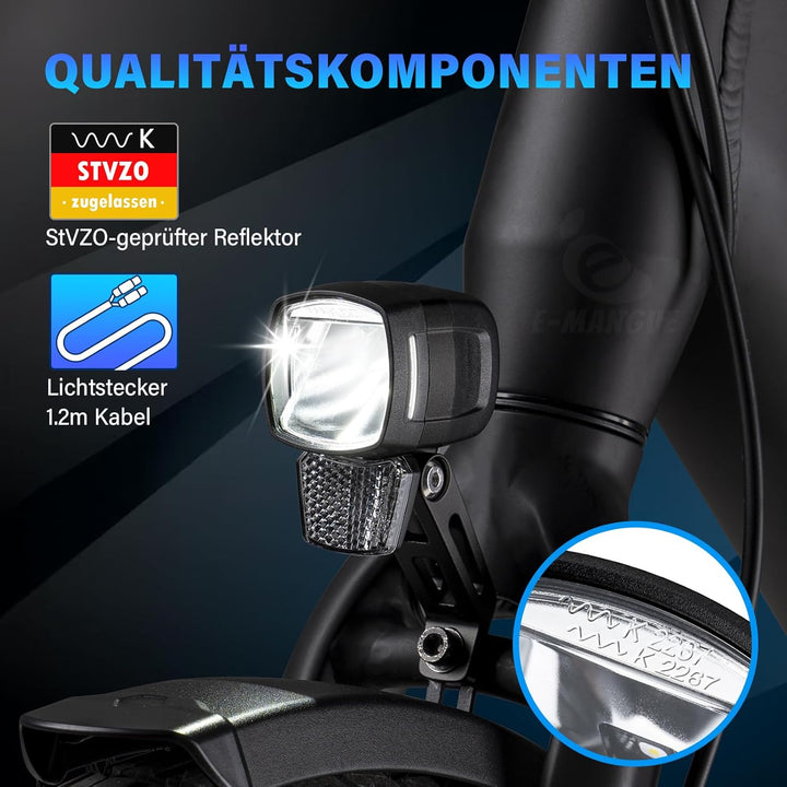 E-Bike Dynamo LED Fahrradlicht Vorne, 30-120 LUX StVZO Zulassung Frontlicht, Fahrradlicht mit Reflek