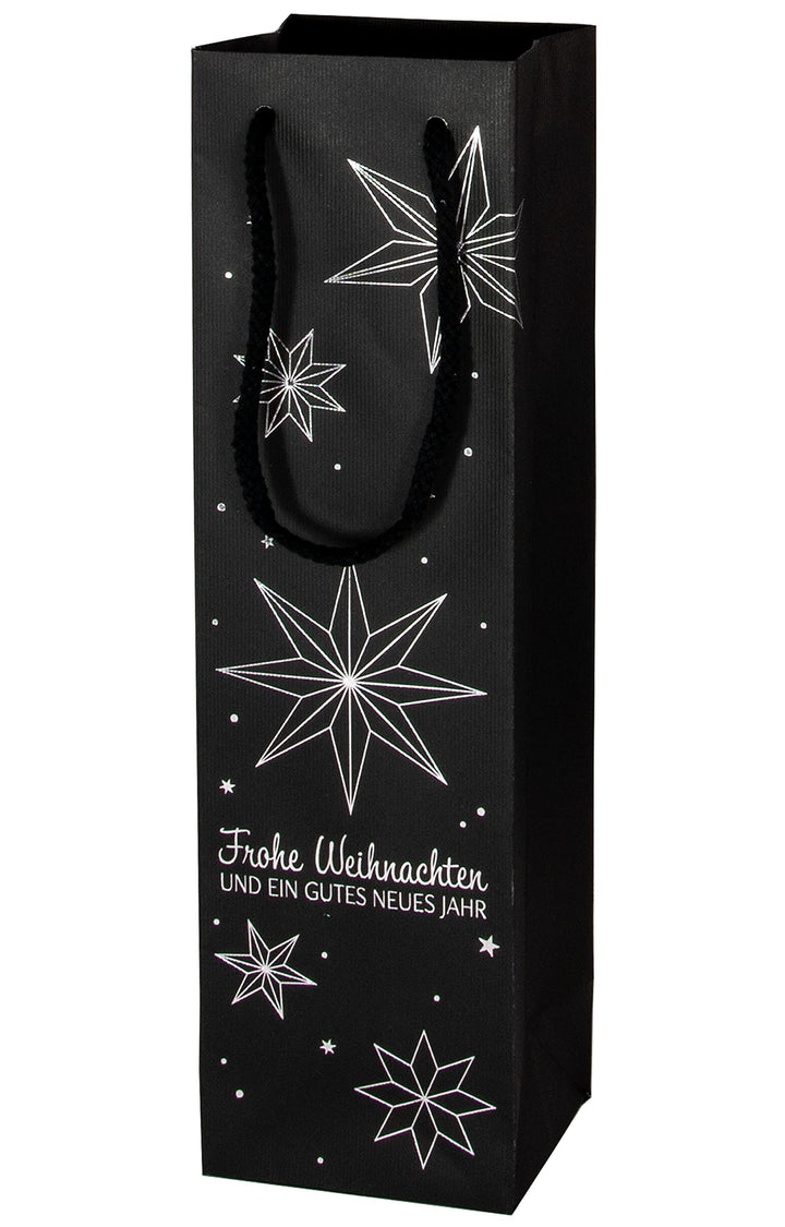 10x Wein Geschenktüte Weihnachten, für 1 Flasche, Streifenstruktur mit Sternmotiv, Schwarz & Silber
