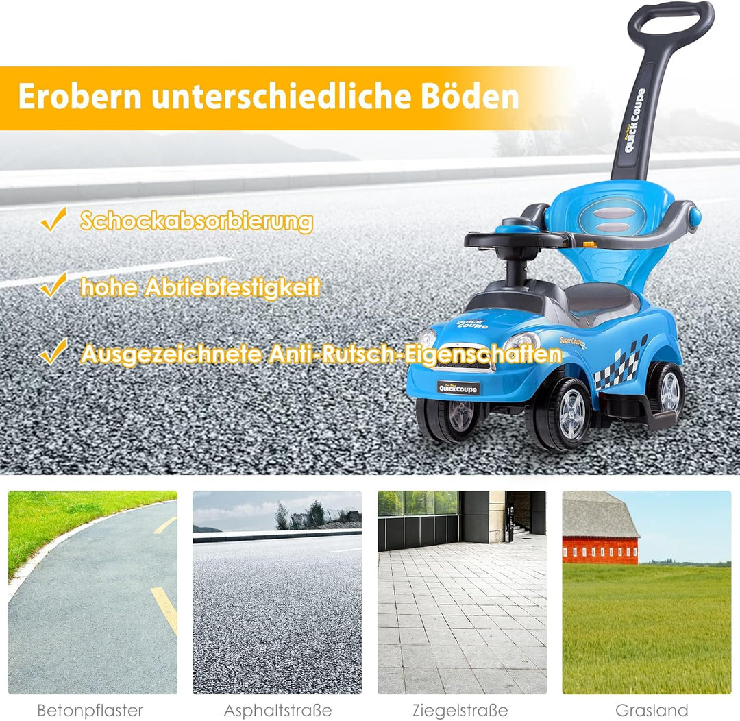 DREAMADE Rutschauto mit Schiebestange, Rutschfahrzeug mit abnehmbarem Sicherheitsbügel & Fussstützen