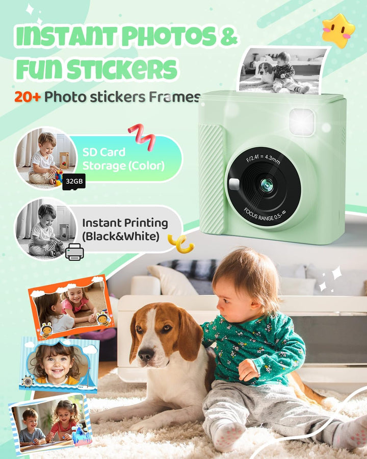 Kinderkamera Sofortbildkamera, 2,4 Zoll Sofortbildkamera Kinder mit 32G Karte und Fotopapier Drucken
