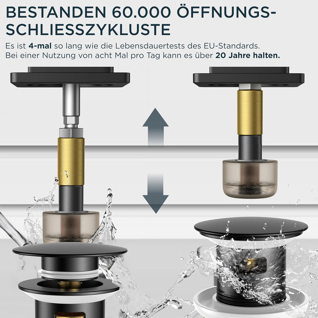 FORIOUS Wasserhahn Bad Schwarz Hoch mit Ablaufgarnitur，360° Drehbar Edelstahl Waschtischarmatur Hoch