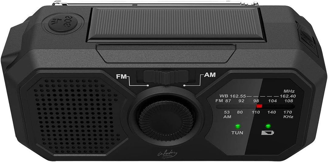 infactory Kurbelradios: Solar- und Dynamo-Koffer-Radio mit LED-Licht, SOS, Powerbank-Funktion (Solar