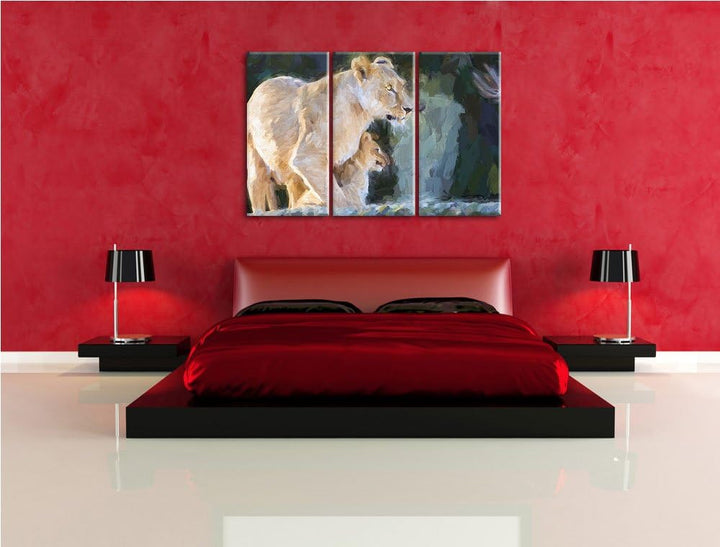Löwenmutter mit Jungtier Spezial 3-Teiler Leinwandbild 120x80 Bild auf Leinwand, XXL riesige Bilder