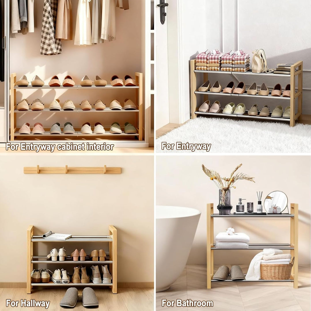 LEMIKKLE Schuhregal Holz Eiche 3-stöckig, Erweiterbar Mit Edelstahl-Elementen, Ideal Für Enge Räume,