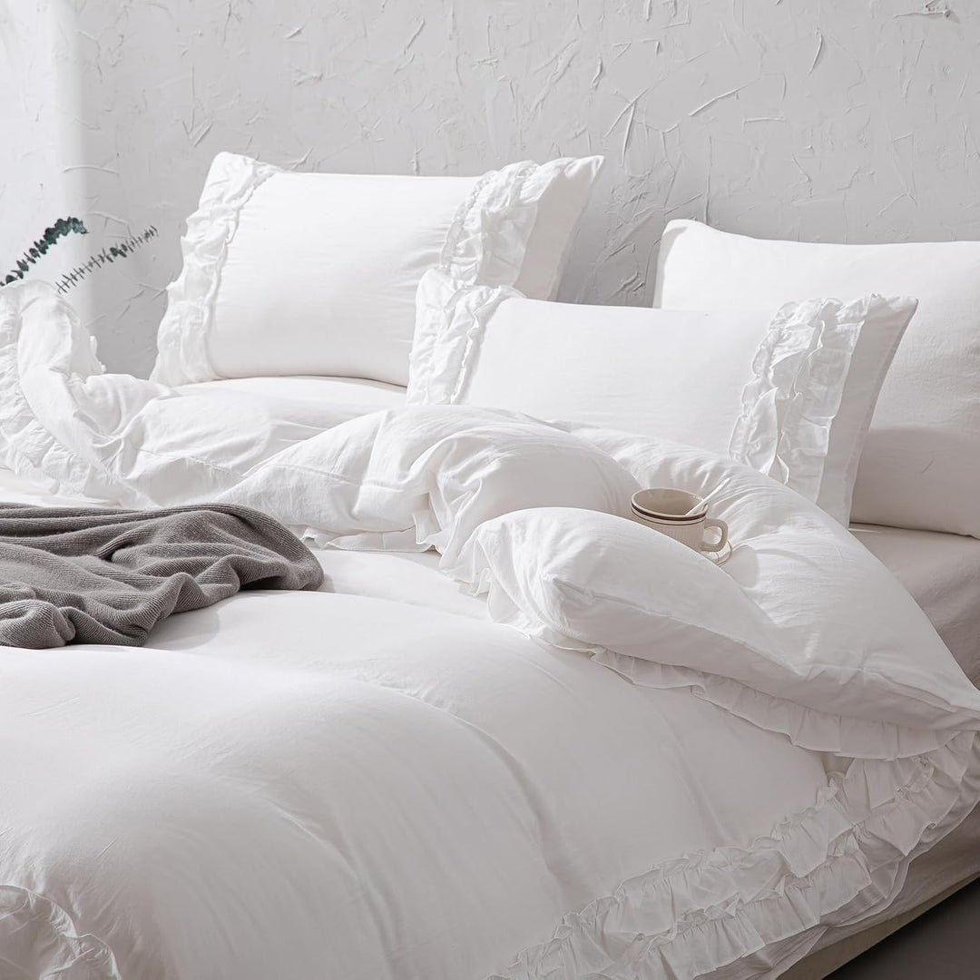 Herside Weiss Rüsche Bettwäsche 240x220 cm Böho Bettwäsche Sets 2-Schicht Weiss Rüschen Design Weich