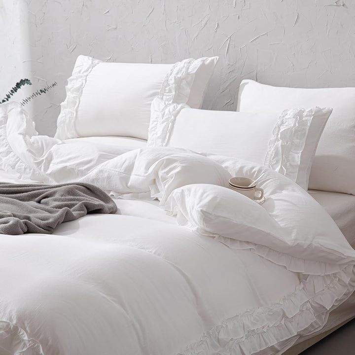 Herside Weiss Rüsche Bettwäsche 240x220 cm Böho Bettwäsche Sets 2-Schicht Weiss Rüschen Design Weich