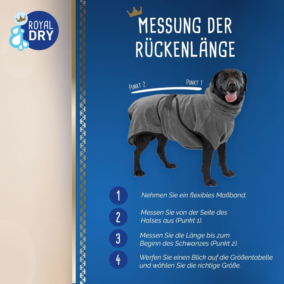 Royal Dry Bademantel Hund - Mikrofaser Hundebademantel - XL - Rückenlänge 70-80 cm - Grau, XL