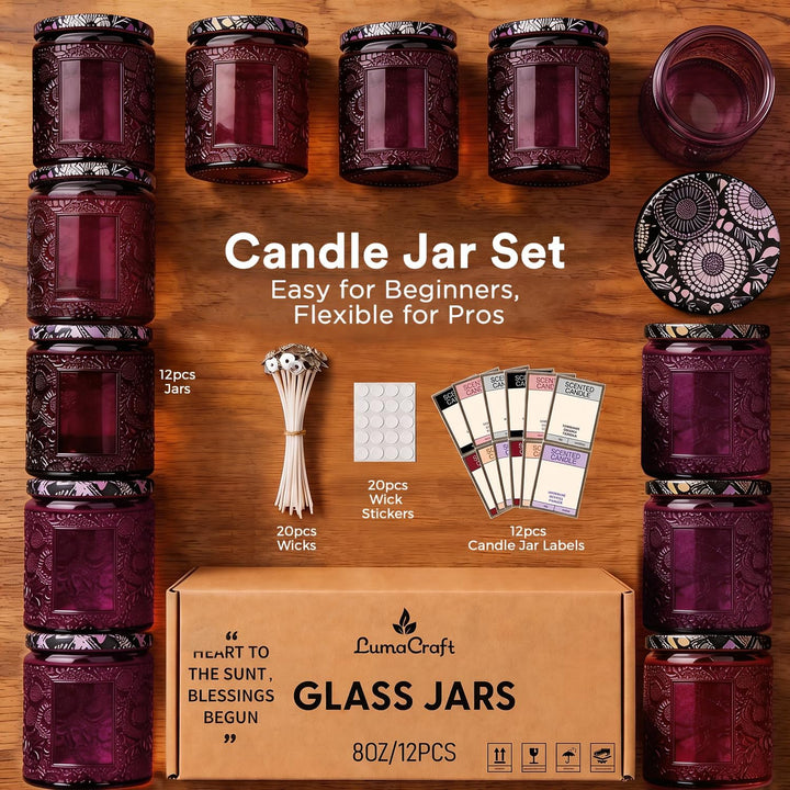 LumaCraft Candle Luxus Relief Kerzengläser zum Kerzen giessen- 12er Pack Leere Glasgefässe mit Luftd