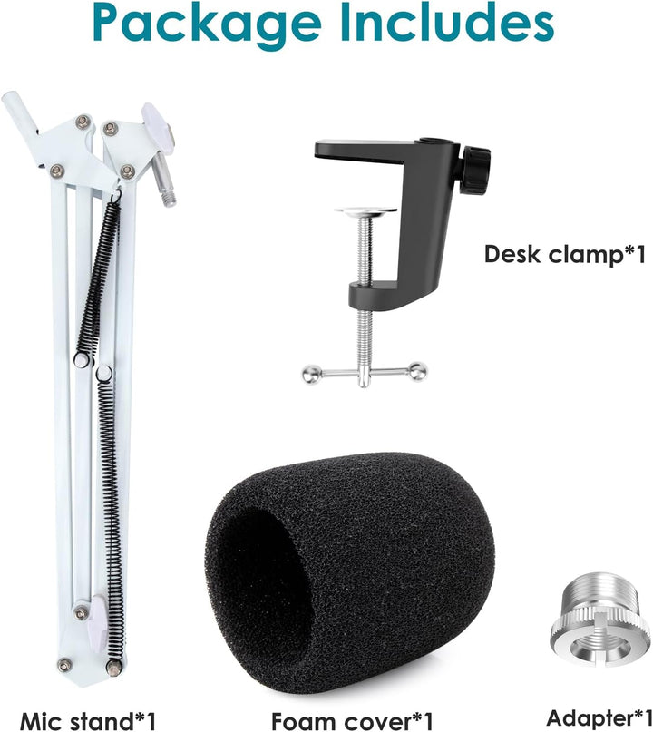 HyperX SoloCast Mikrofon Arm Weiss - Professioneller Studio Desktop Ständer Mikrofonarm mit Schaumst