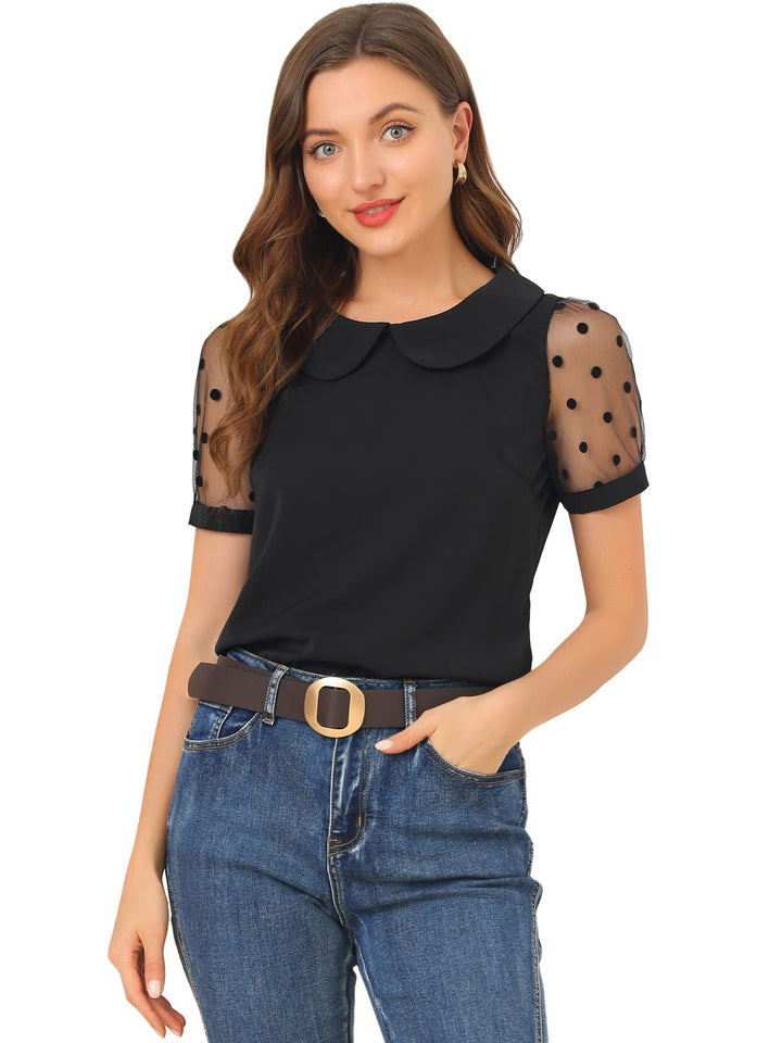 Allegra K Damen Puffärmel Vintage Bubikragen Oberteil Mesh Polka Punkte Top Bluse, S Schwarz