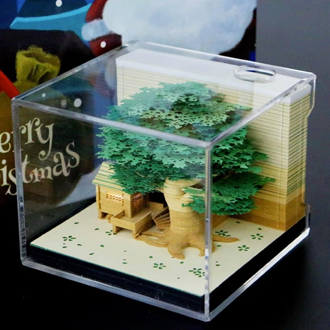 MEICHI 3D Notizblock, nicht verklebt, 3D Baumhaus (Grün) Papierkunst mit Anzeigebox glasklar, 9 x 9