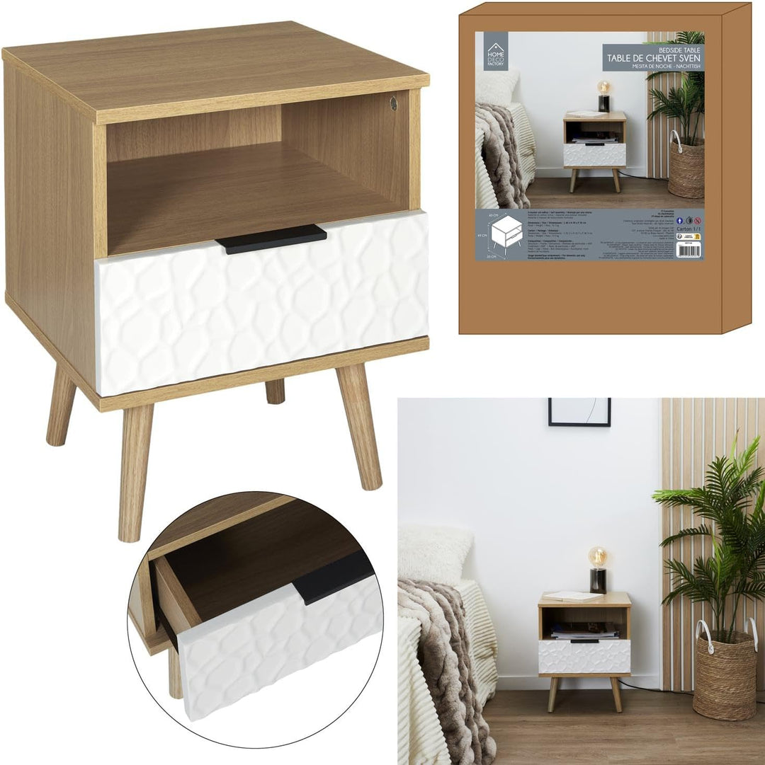 HOME DECO FACTORY HD7146 MESITA DE Noche C/CAJÓN Sven, Polyester, Holz/Weiss, 40x49x35 cm