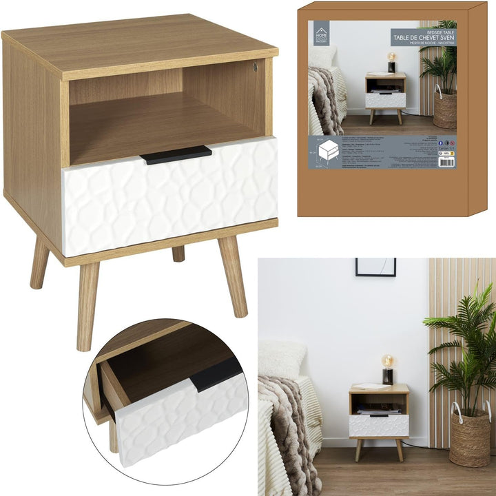 HOME DECO FACTORY HD7146 MESITA DE Noche C/CAJÓN Sven, Polyester, Holz/Weiss, 40x49x35 cm