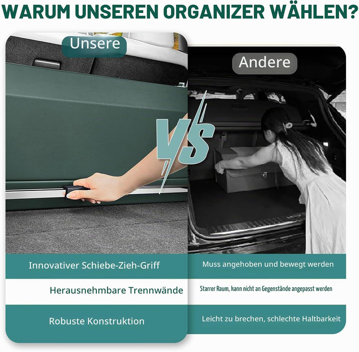Grosser XXL Auto Kofferraum Organizer mit Deckel – Premium NAPPA Leder, Vordertür &amp; Tragbarer Push-P