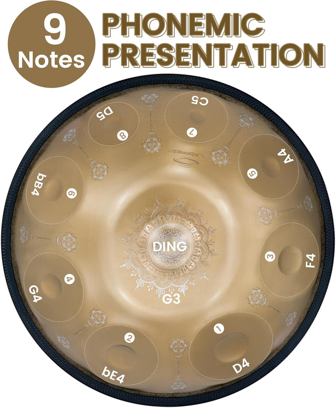 GLADFRESITHandpan 'Golden Mandrake' - 18 inch, 9 tones, 440Hz in G minor with stand, bag, mallets an