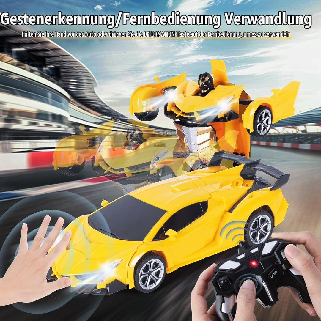 Ferngesteuertes Transformator Auto mit Gestenerfassung, Licht und Musik, 2.4GHz 360° Drehung 1:18 RC