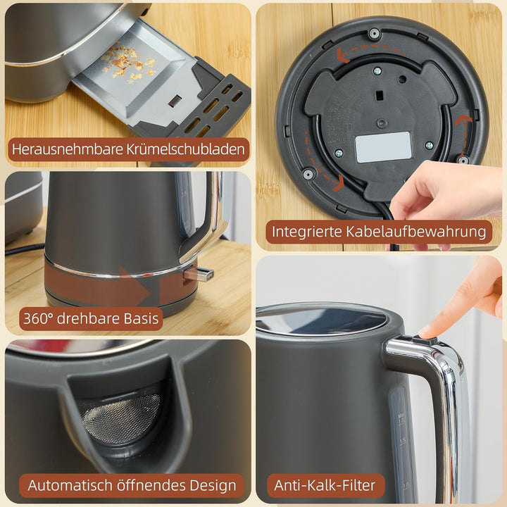 HOMCOM Wasserkocher Toaster Set 2200 W 1,7L Wasserkocher, 2 Scheiben Toaster, 6 Bräunungsstufen, Auf