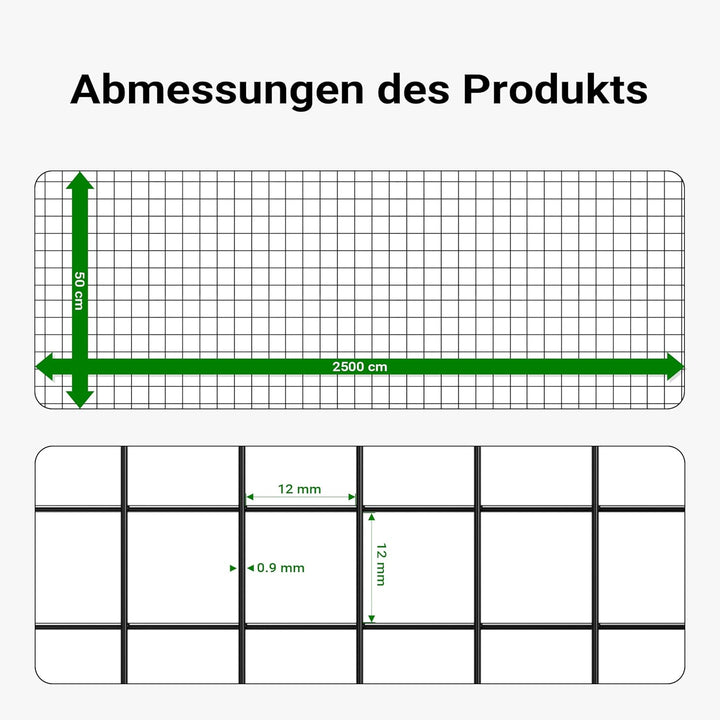 Wiltec Volierendraht 4-Eck in Schwarz mit 12x12mm Maschengrösse, 25m Rolle 50cm Höhe, aus verzinktem