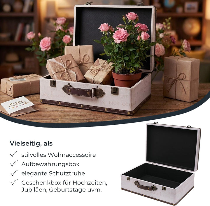 HMF Vintage Deko Koffer aus Holz, Aufbewahrungsbox mit Deckel und Ledergriff, stilvolle Aufbewahrung