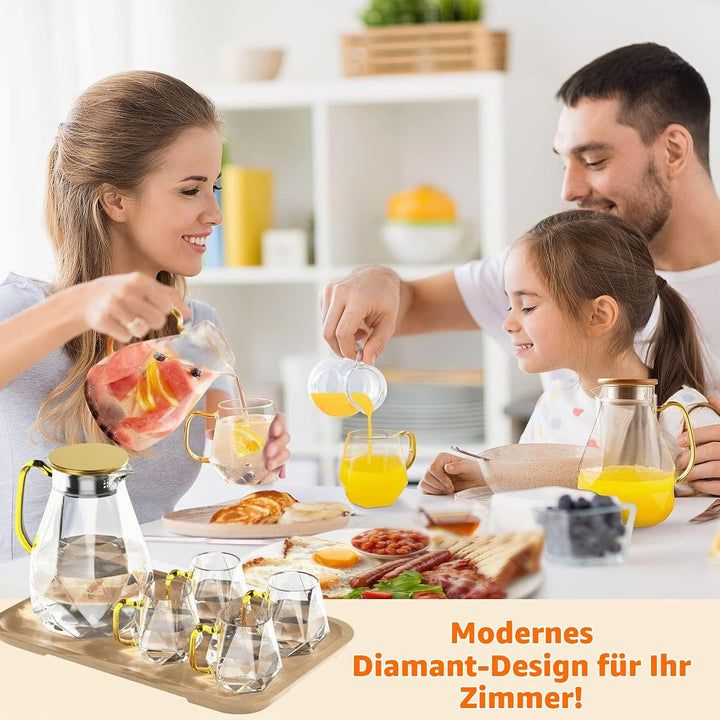 DUJUST Glaskaraffe mit Deckel 2 Liter, mit 4 Tassen, 1 Tablett, Wasserkaraffe im Modernen Schwarz Di