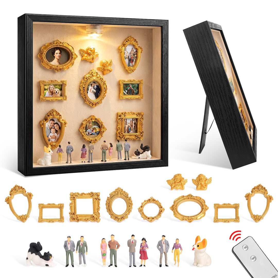 DIY Mini Museum Silhouettenbox mit Licht, Shadow Box Bilderrahmen Set, 8 Mini Goldene Rahmen, 8 Figu