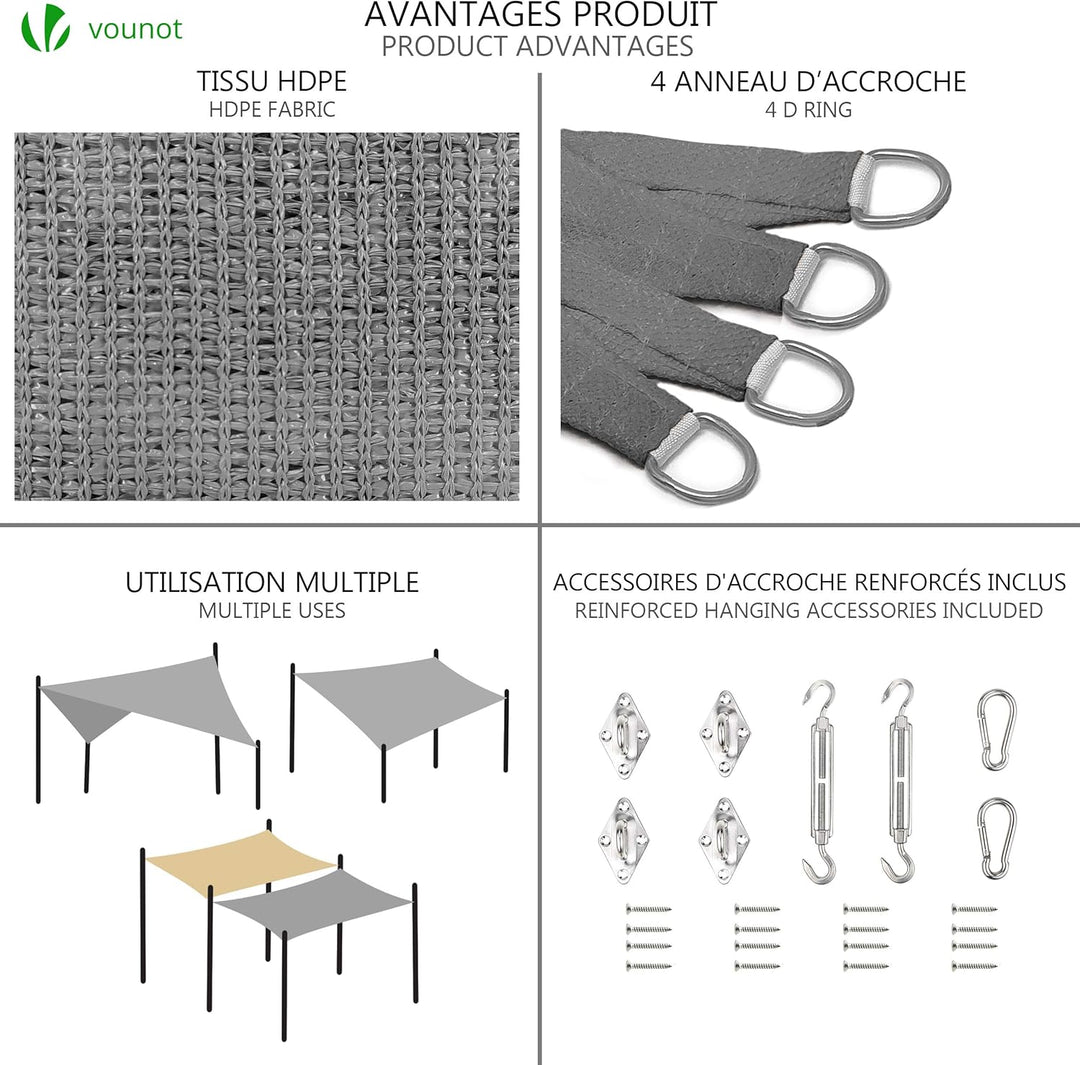 VOUNOT® Sonnensegel Rechteckig mit Befestigung Set, Sonnenschutz Atmungsaktiv und UV Schutz, für Bal