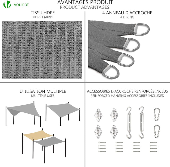 VOUNOT® Sonnensegel Rechteckig mit Befestigung Set, Sonnenschutz Atmungsaktiv und UV Schutz, für Bal