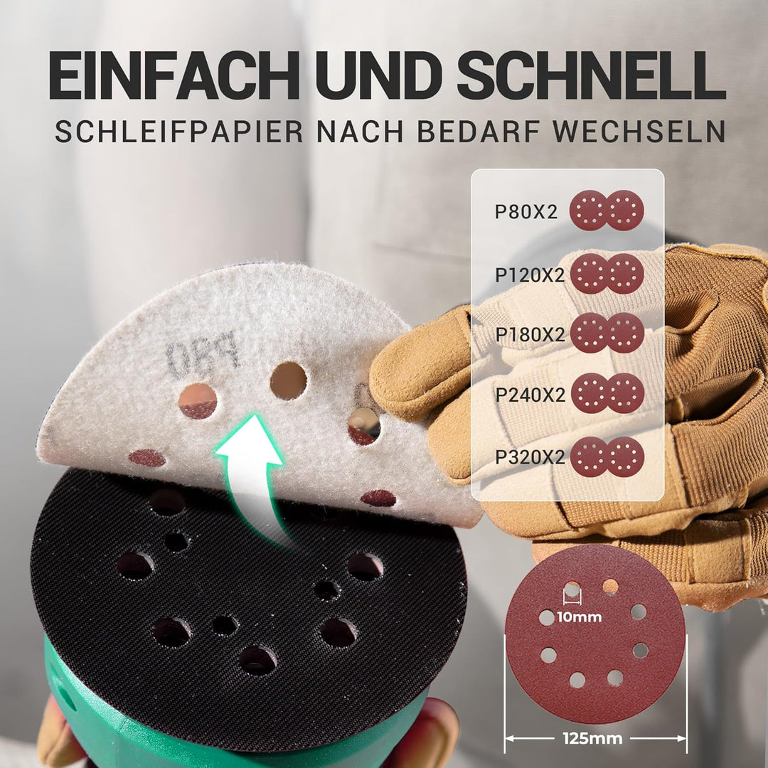 DCA Exzenterschleifer 300W, 125MM Schleifmaschine mit 6 Geschwindigkeiten, Max.12000 U/min, 0.3L Sta